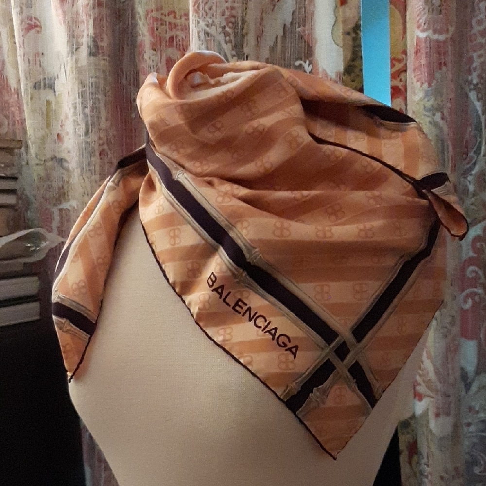 NEW BALENCIAGA APRICOT MAROON TRIM SILK SCARF 30" Square